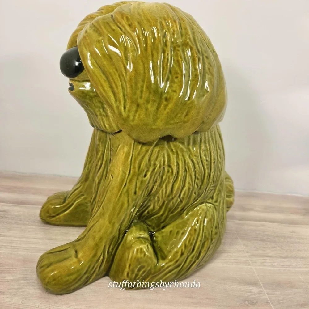 Vintage 1970s MCM Avacado Green Sheepdog Cookie Jar By Doranne of California